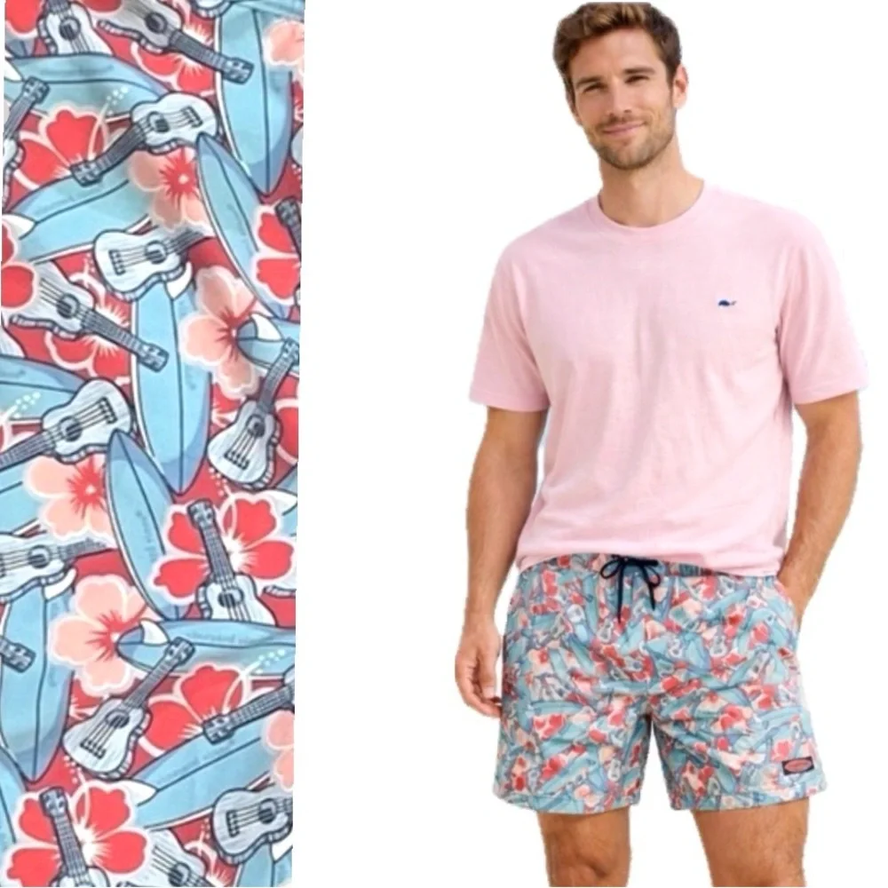 Vineyard Vines, Surfboard & Guitar Swim Trunks Blue Red Drawstring Size, xl